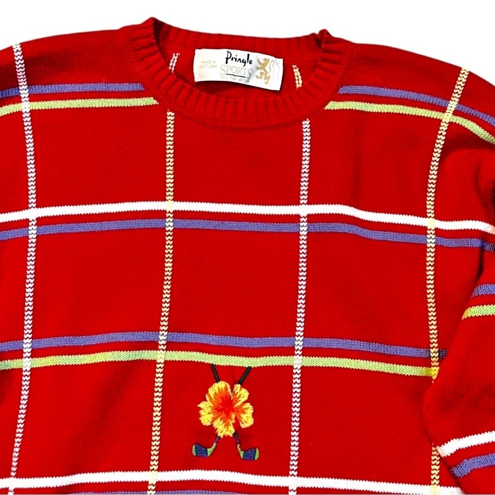 Pringle Scotland Golf Sweater Embroidered Plaid Cotton Womens Small Vintage